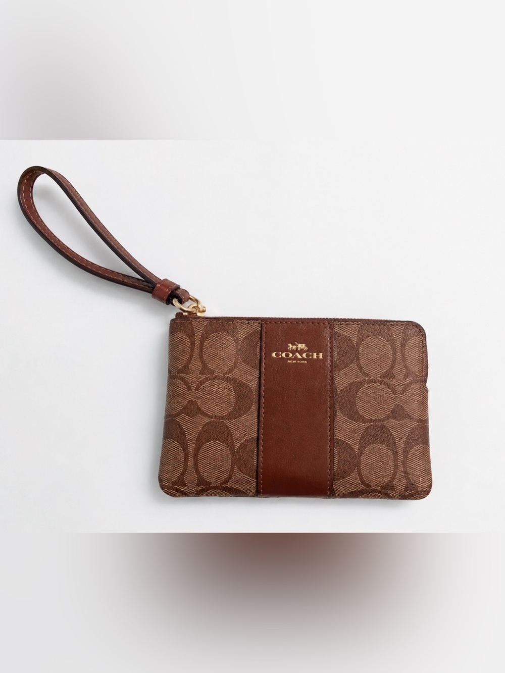 Coach Brown Signature Wristlet Card Holder with Strap